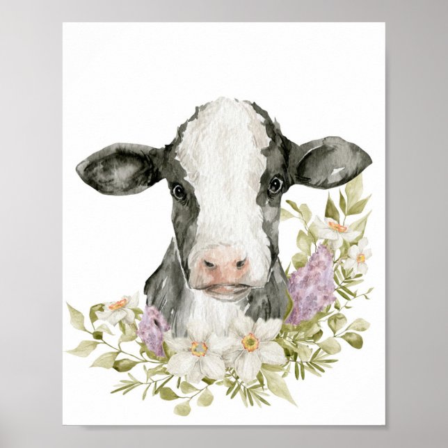 Cute Floral Black Cow Poster Print (Framsidan)