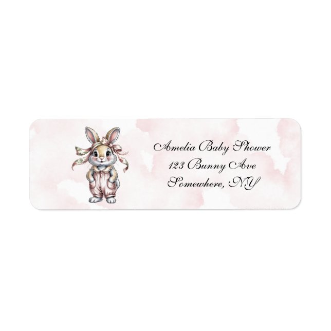 Cute Floral Bunny Girl Baby Shower Address Returadress Etikett (Framsidan)