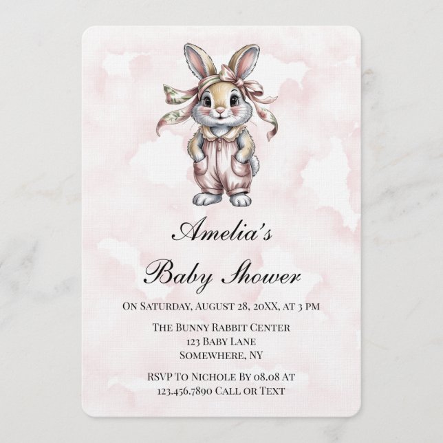 Cute Floral Bunny Girl Baby Shower  Inbjudningar (Framsida)