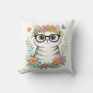 Cute Floral Cat with Glasses Kudde