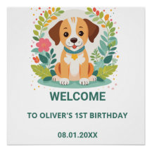 Cute Floral Dog Puppy Baby Boys Birthday Welcome