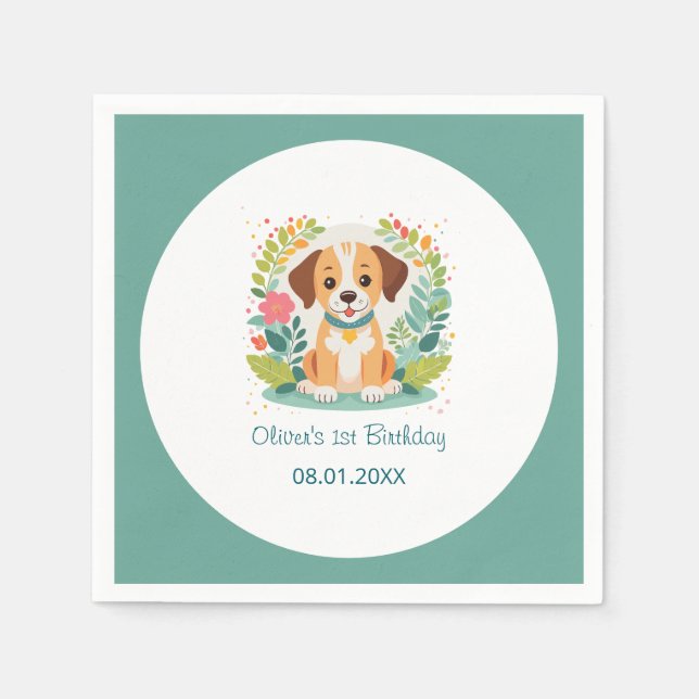  Cute Floral Dog Puppy Kids Birthday Party Pappersservett (Framsidan)