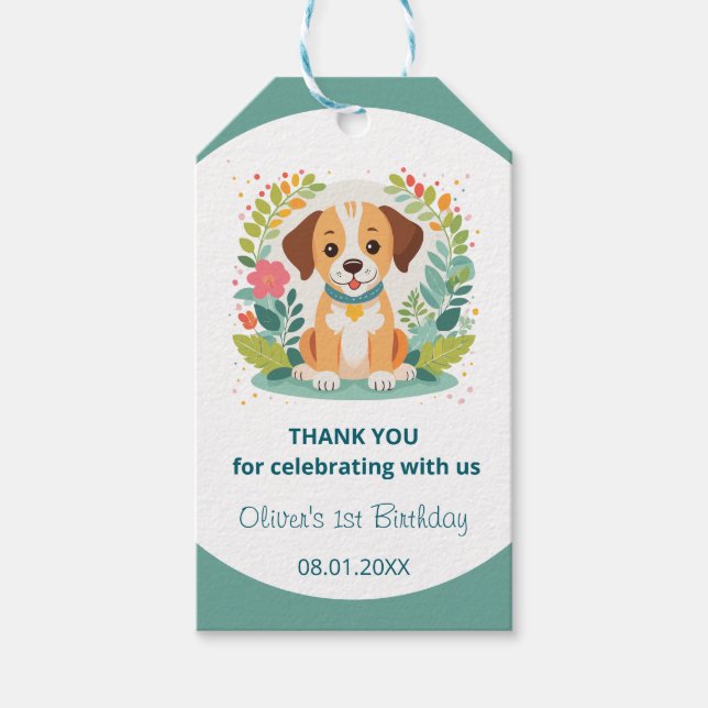  Cute Floral Dog Puppy Kids Birthday Party Presentetikett (Framsidan)