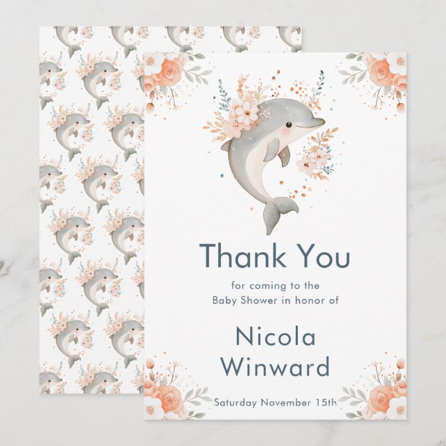 Cute Floral Dolphin Baby Shower  Tack Kort (Fram/baksida)