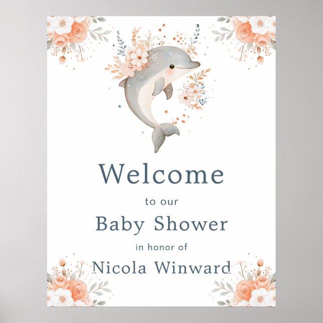 Cute Floral Dolphin Baby Shower Welcome Poster (Framsidan)