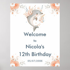 Cute Floral Dolphin Birthday Party Welcome Poster