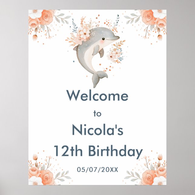 Cute Floral Dolphin Birthday Party Welcome Poster (Framsidan)