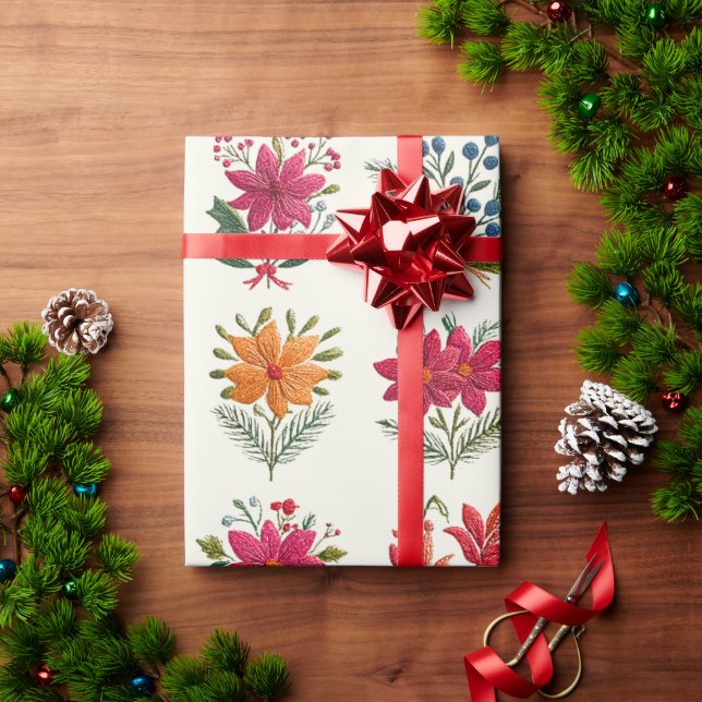 Cute Floral Folk Christmas Presentpapper (Julgåva)