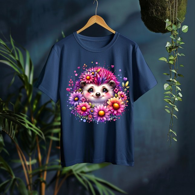 Cute Floral Hedgehog Illustration T-Shirt (Skapare uppladdad)