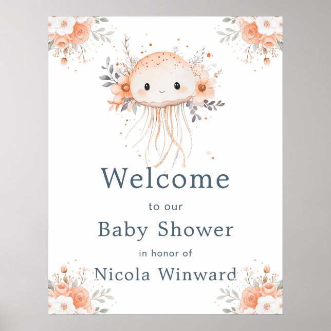 Cute Floral Jellyfish Baby Shower Welcome Poster (Framsidan)