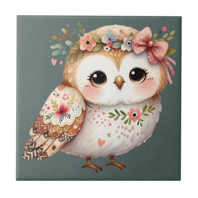 Cute Floral Owl with Bow Kakelplatta (Framsidan)