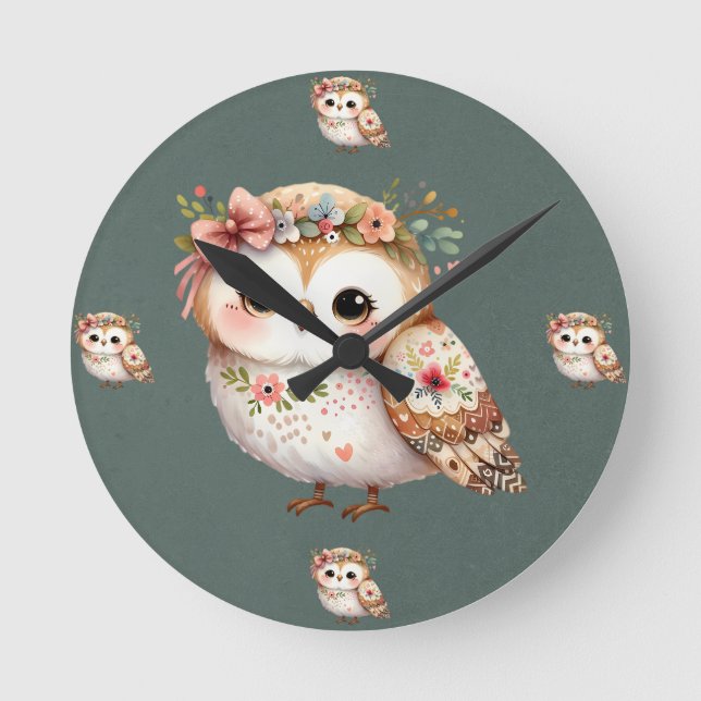 Cute Floral Owl with Bow Rund Klocka (Framsida)