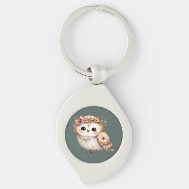 Cute Floral Owl with Bow Swirl Silverfärgad Nyckelring (Framsidan)