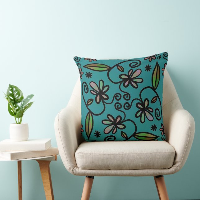 Cute Floral Pattern Teal Kudde (Stol)