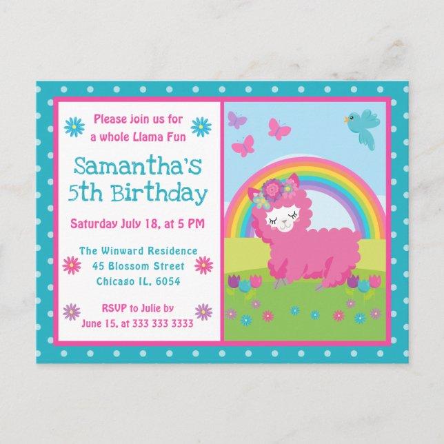 Cute Floral Pink Rainbow Llama Birthday Vykort (Framsida)