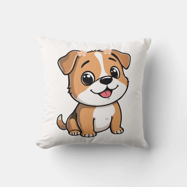 Cute Floral Puppy Throw Pillow – Soft Pink flower Kudde (Framsida)