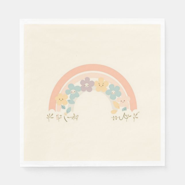 Cute Floral Rainbow Smiles Pastel Party Napkins Pappersservett (Framsidan)