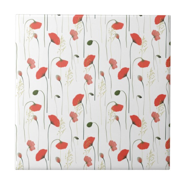 Cute Floral Red Poppy Pattern Ceramic Tile Kakelplatta (Framsidan)