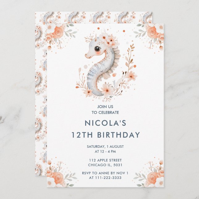 Cute Floral Seahorse Birthday Party Inbjudningar (Fram/baksida)