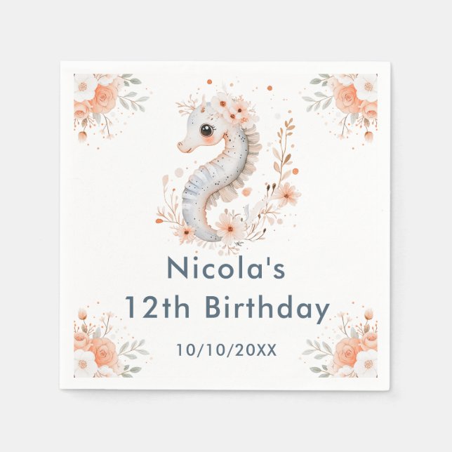 Cute Floral Seahorse Birthday Party Pappersservett (Framsidan)