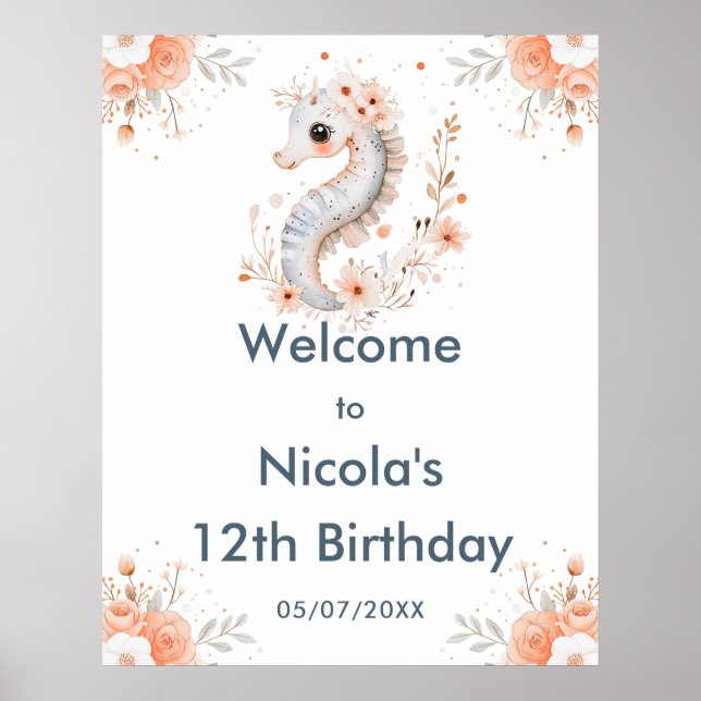 Cute Floral Seahorse Birthday Party Welcome Poster (Framsidan)