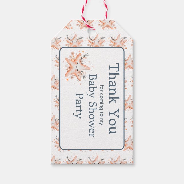 Cute Floral Starfish Baby Shower Presentetikett (Framsidan)