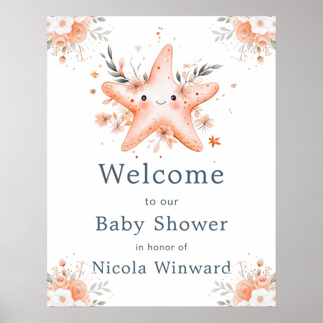 Cute Floral Starfish Baby Shower Welcome Poster (Framsidan)
