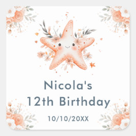 Cute Floral Starfish Birthday Party Fyrkantigt Klistermärke