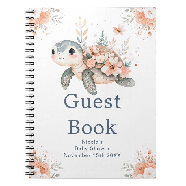 Cute Floral Turtle Baby Shower Guest Book Anteckningsbok (Framsidan)