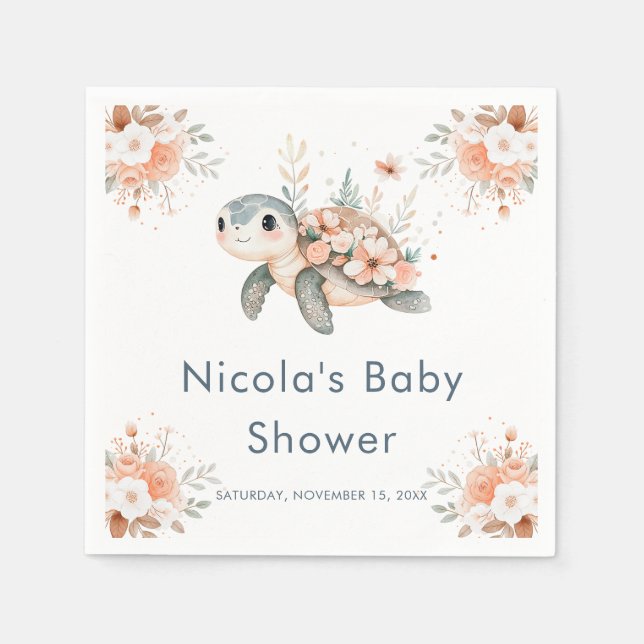 Cute Floral Turtle Baby Shower Pappersservett (Framsidan)