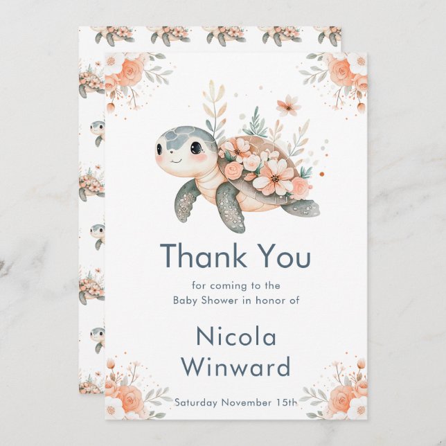 Cute Floral Turtle Baby Shower Tack Kort (Fram/baksida)