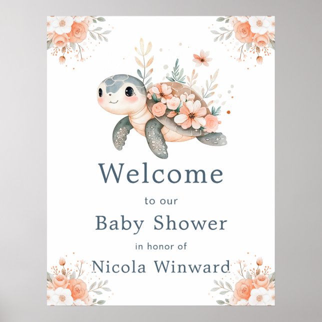 Cute Floral Turtle Baby Shower Welcome Poster (Framsidan)