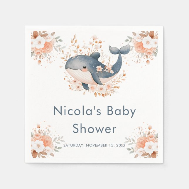 Cute Floral Whale Baby Shower Pappersservett (Framsidan)
