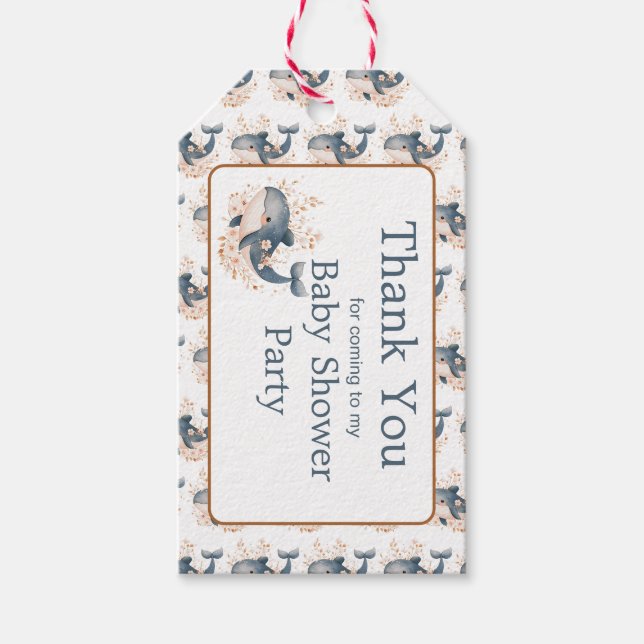 Cute Floral Whale Baby Shower Presentetikett (Framsidan)