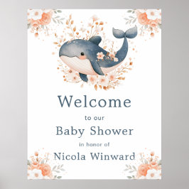 Cute Floral Whale Baby Shower Welcome Poster
