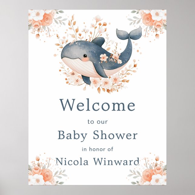 Cute Floral Whale Baby Shower  Welcome Poster (Framsidan)