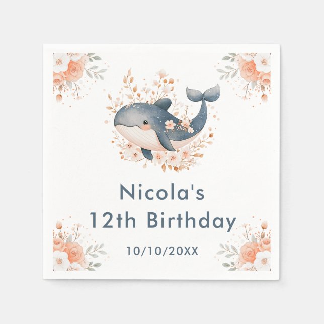 Cute Floral Whale Birthday Party Pappersservett (Framsidan)