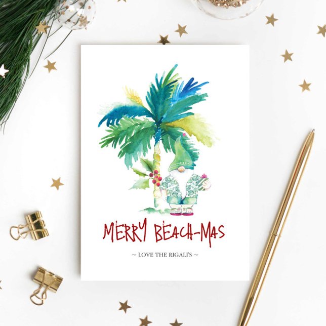 Cute Florida Santa Watercolor jul Kort (Beach Christmas Cards feature unique watercolor art by Victoria Grigaliunas of Do Tell A Belle)