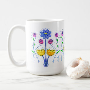 Cute Flower Art in Row Blue Rosa Gult Kaffemugg