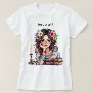 Cute flower book candle girl with glasses t shirt