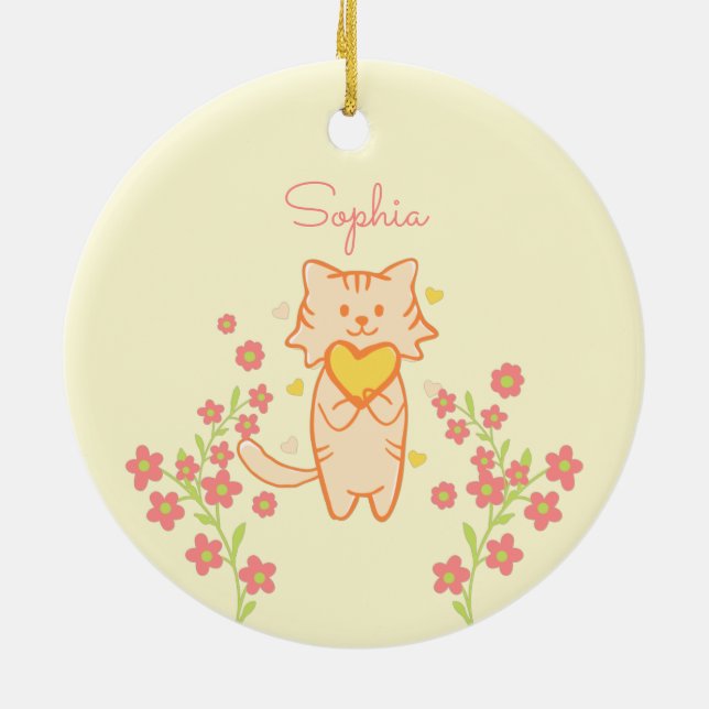 Cute Flower Cat and Heart Ceramic Ornamic Julgransprydnad Keramik (Baksidan)