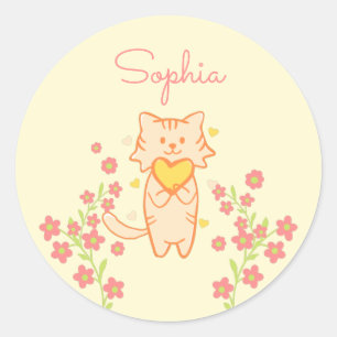 Cute Flower Cat and Heart Runt Klistermärke
