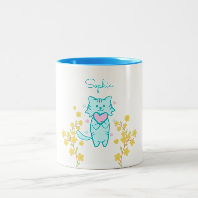 Cute Flower Cat and Heart Two-Tone Coffee Mugg (Center)