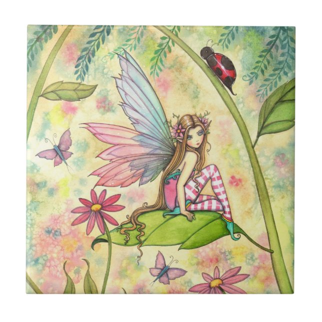Cute Flower Fairy and Ladybug Fantasy Art Kakelplatta (Framsidan)