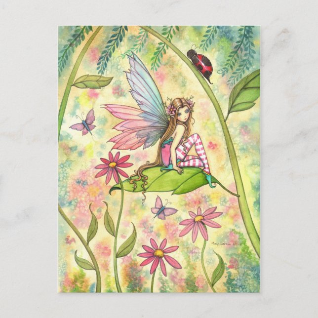 Cute Flower Fairy and Ladybug Fantasy Art Vykort (Framsida)