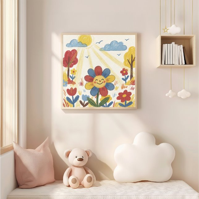 Cute Flower In The Sun Crayon Drawing Kid Poster (Skapare uppladdad)