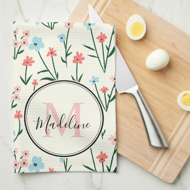 Cute Flower Ivory White Elegant Rosa Monogram Kökshandduk (Vikt i Fjärdedel)