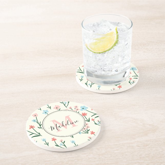 Cute Flower Ivory White Elegant Rosa Monogram Underlägg (Sidan)