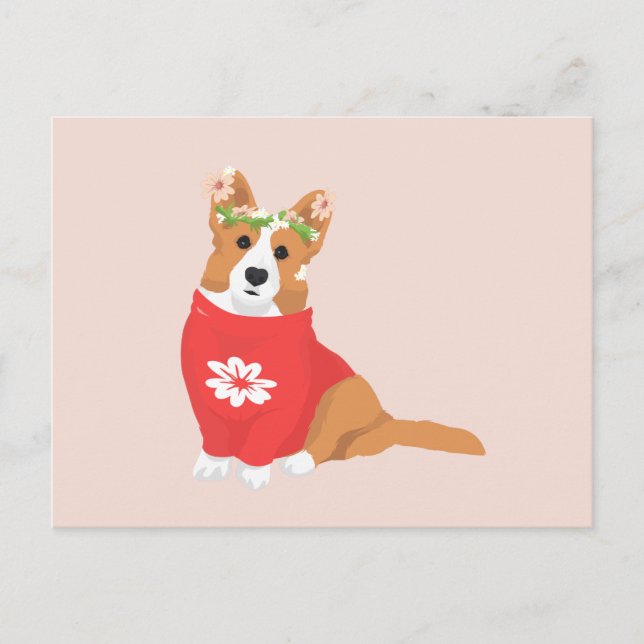 Cute Flower Krona Welsh Cardigan Corgi Vykort (Framsida)