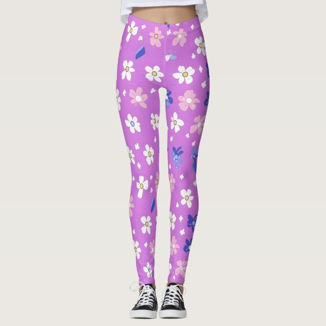 Cute Flower Lila Mönster Leggings (Framsida)